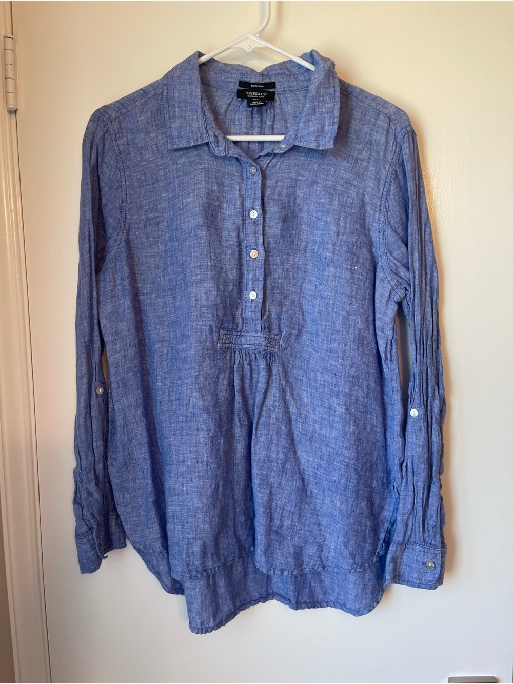 Jones New York Blue Linen Half-Placket Button-Front Top